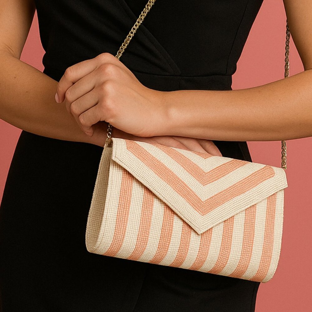 NEW Seed Beaded Ivory & Pink Striped Summer Crossbody Chain Clutch Handbag Bag - Picture 2 of 5